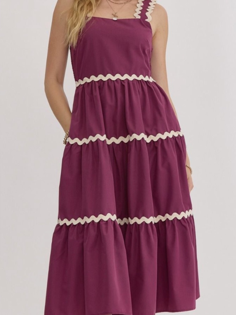 Women’s Tiered Midi Dress in Plum with Contrast Trim